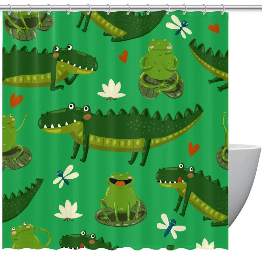 Cartoon Style Animal Shower Curtain Funny Crocodile Kids Shower Curtain Waterproof Fabric Bathroom Decor Screen with Hooks