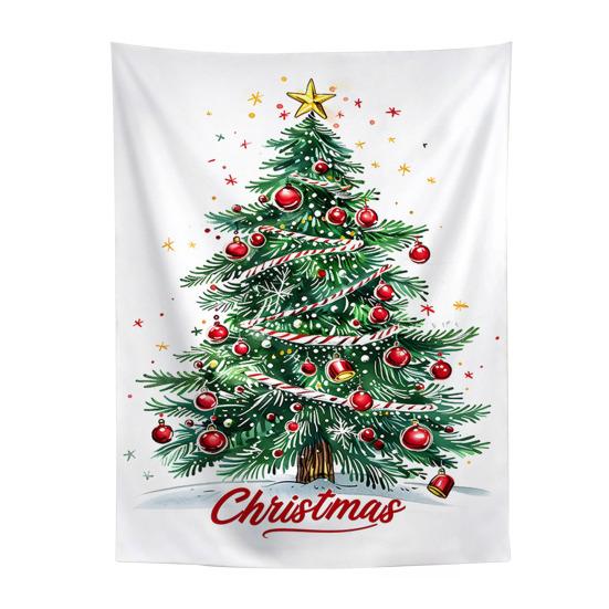 Festive Window Hanging Merry Christmas Tapestry, Wall Fabric Backdrop, Xmas Tree Winter Holiday Party Scene Decoration Art for Living Room,