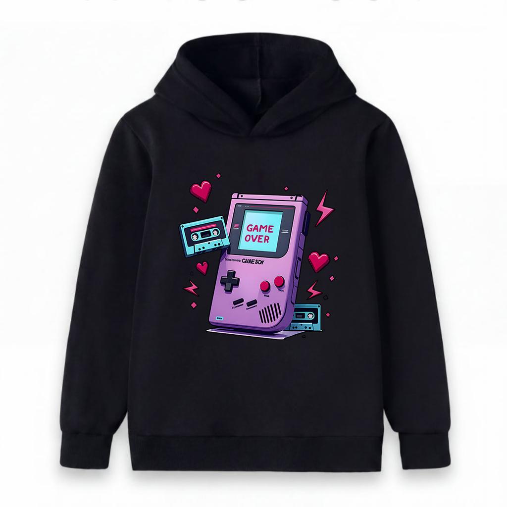 Kids Boys Girls Hoodie Retro Gameboy Cassette Game Over Print Pullover Hooded Sweatshirt Casual Vintage 90s Game Lover Top For Children Daily Wear