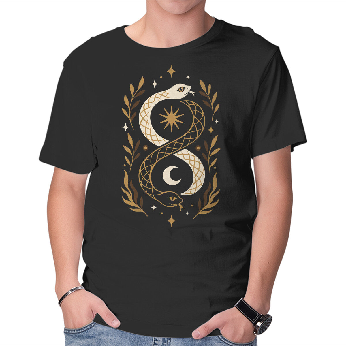 Unisex Crew Neck T-Shirt Gold Ouroboros Graphic Short Sleeve Casual Tee S