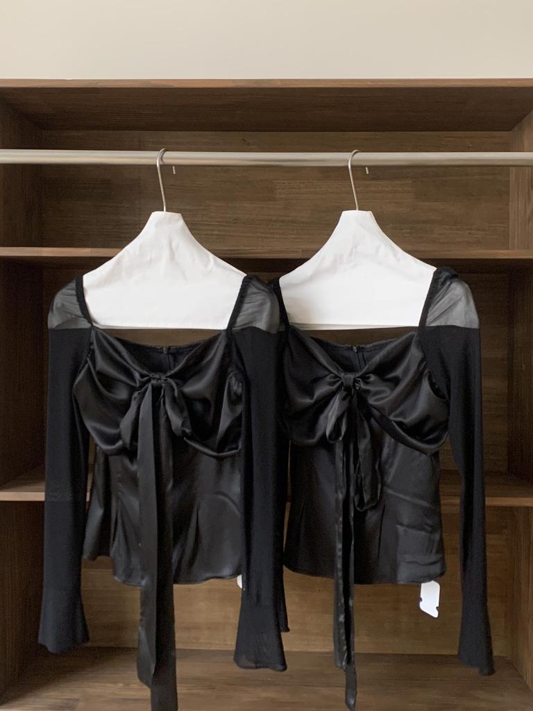Spring 2026 Women's Slim French Bow Satin Bandeau Chiffon Shirt