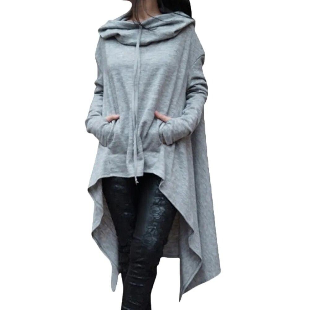 Felpa con cappuccio da donna in misto cotone tinta unita con orlo asimmetrico con coulisse Cappotto poncho allentato per felpa con cappuccio da donna