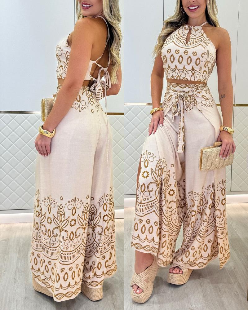 

Two Piece Set Sleeveless Halter Crop Top and High Slit Wide Leg Pants with Pattern XL абрикосовий