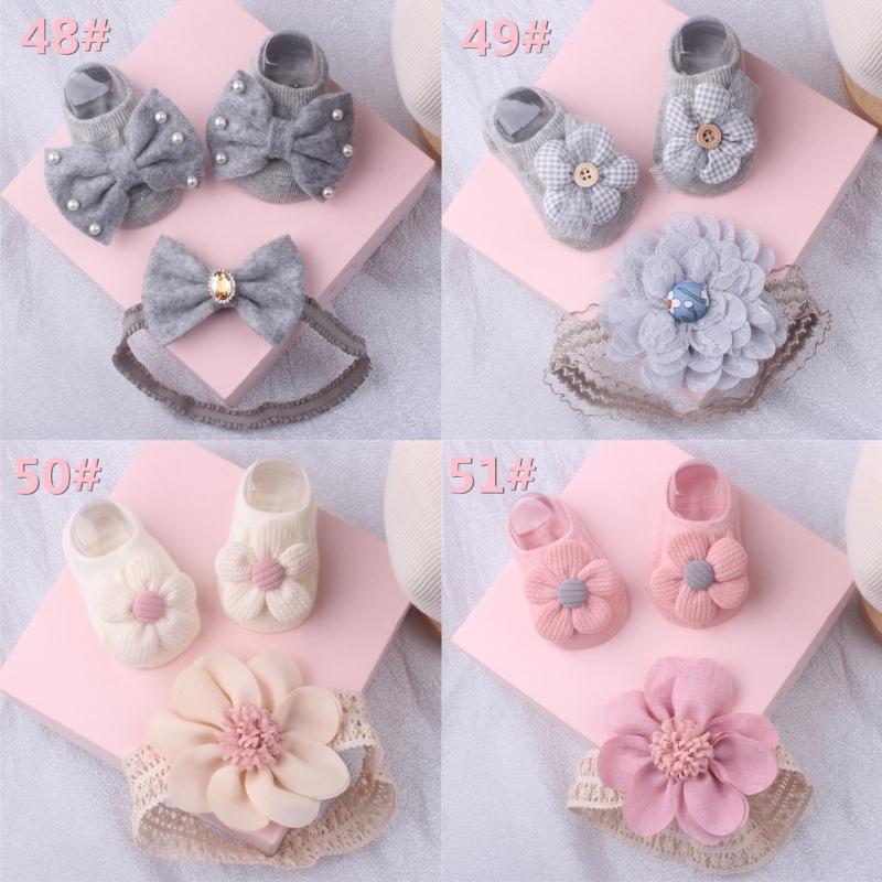 Lace Headband & Socks for Baby Unisex Boy Girl Elastic Headdress Anti-Skid Floor Socks Gender Neutral Heads Accessories