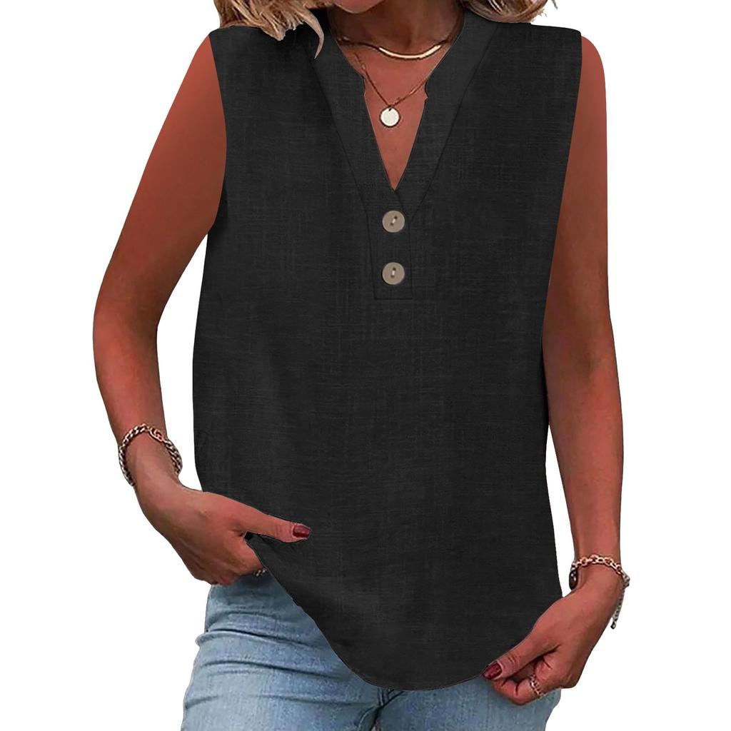 Women's Fashion Loose Standing Collar Button Cotton T-Shirt Solid Color Sleeveless Top