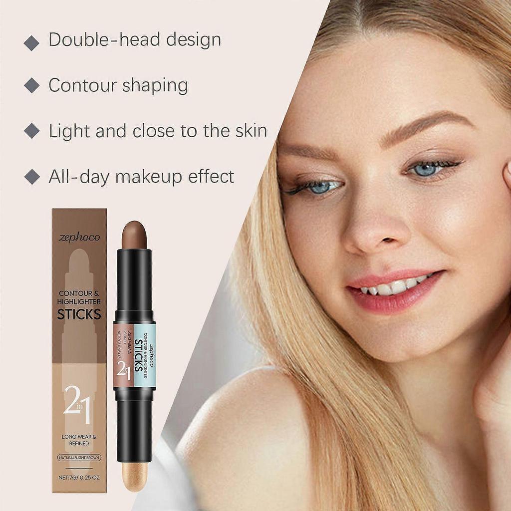 Natural Color + Light Coffee Color 2-In-1 Contour And Highlight Stick, Convenient Double-Head Design For Contouring The Highlight Stick