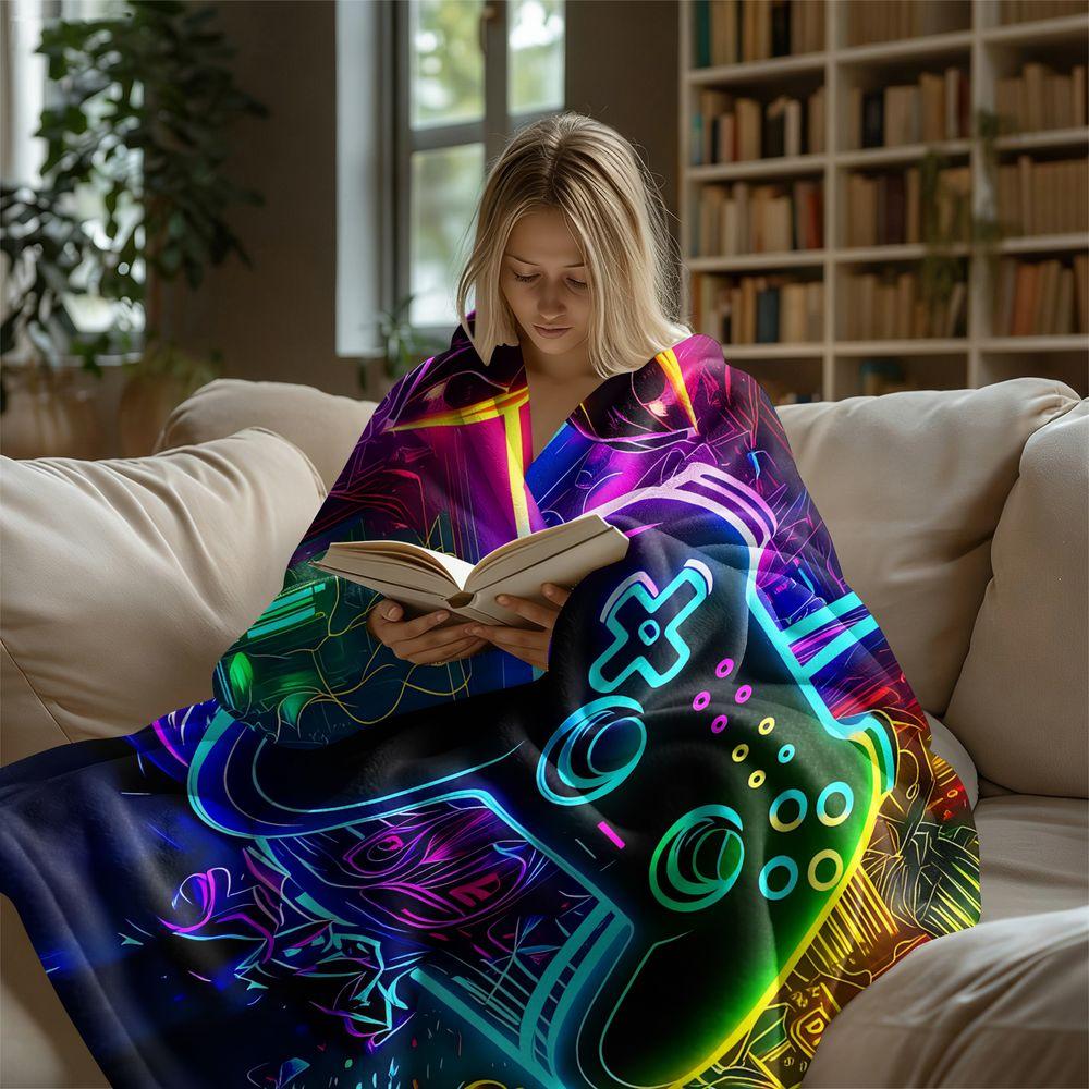 Cyberpunk Neon Gaming Controller Flannel Fleece Blanket, Digital Portal Gamer Throw, Electric Blue Matte Black Print Blanket for