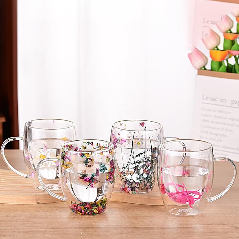 350Ml Fillings Dry Flowers Double Wall Glass Cup With Handle Heat Resistant Tea Coffee Cups Espresso Milk Mug Creative Gift