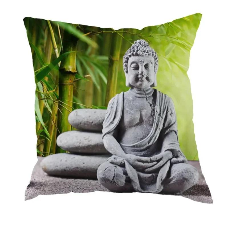 Buddha Statue Baumwolle Leinen Quadratischer Kissenbezug Chinesischer Stil Buddhismus Bodhisattva Kissenbezug Schlafzimmer Auto Heimdekor 45X45CM 20x20Inch