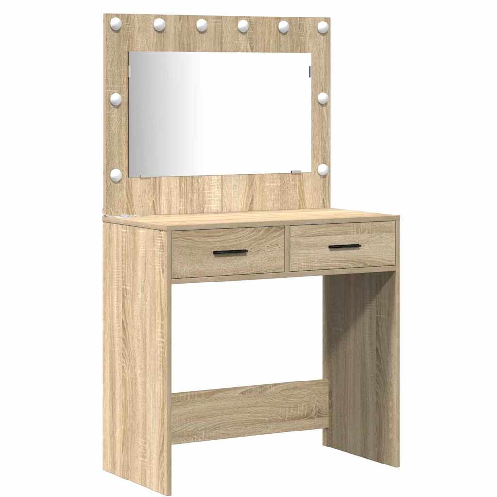 Makeup Table Set with LED Lights 3 Pcs Sonoma Oak Wood Based Material