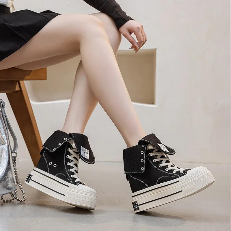 Fashion 12CM High Brand Skateboard Breathable Heightening Shoes Denim Women Fashion Spring Ankle Boot High Brand Platform Wedge Autumn