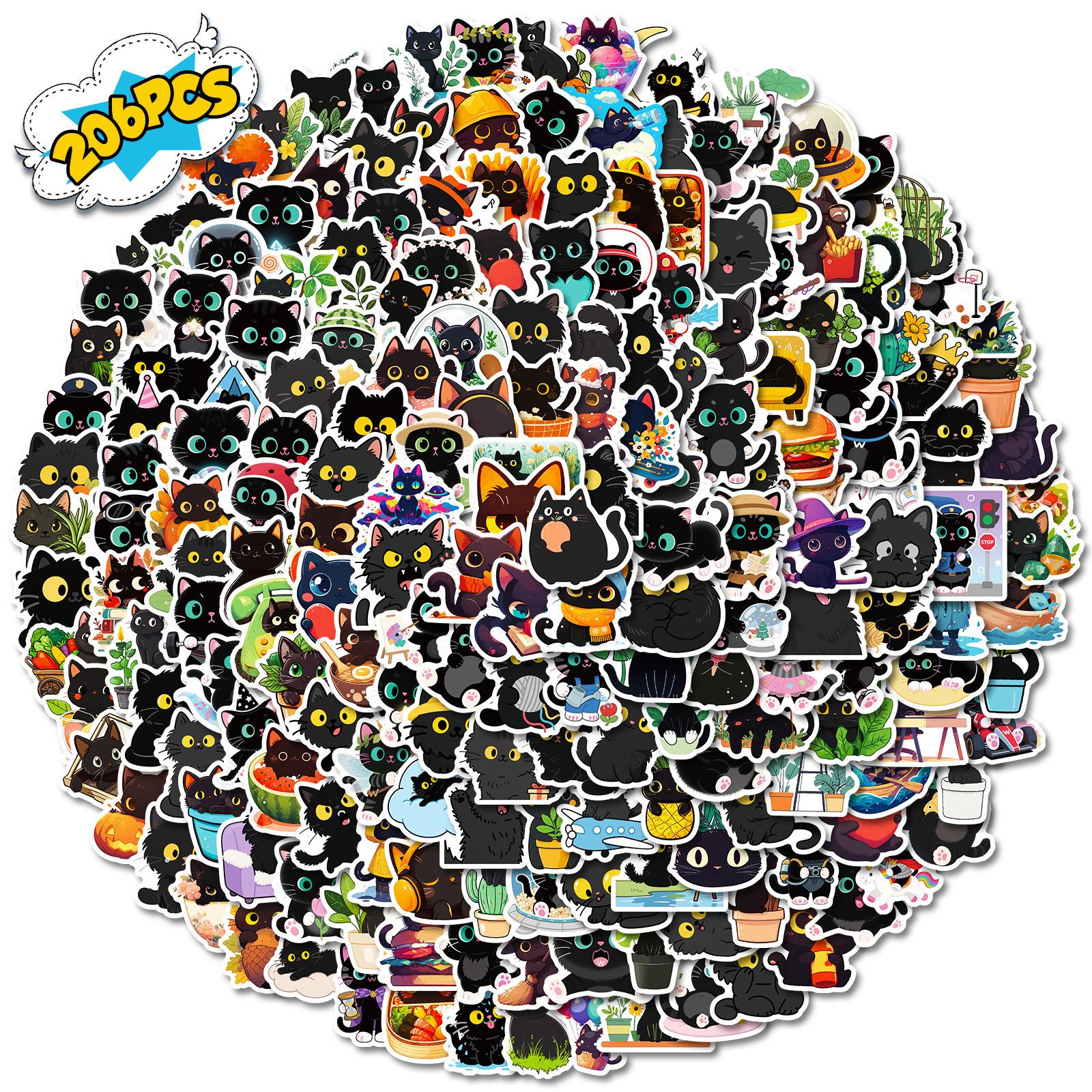 

206 Cute Pet Black Cat Cartoon Graffiti Stickers Cute Cat Hand Account Water Cup Waterproof Decorative Sticker Batch