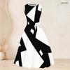 Women Plus Size Two Piece Set Black White Printed Long Sleeve Cardigan Sleeveless Round Neck Tie Waist Flared Dress