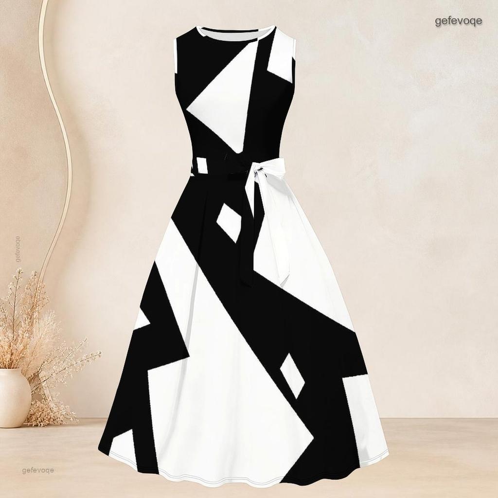 Women Plus Size Two Piece Set Black White Printed Long Sleeve Cardigan Sleeveless Round Neck Tie Waist Flared Dress