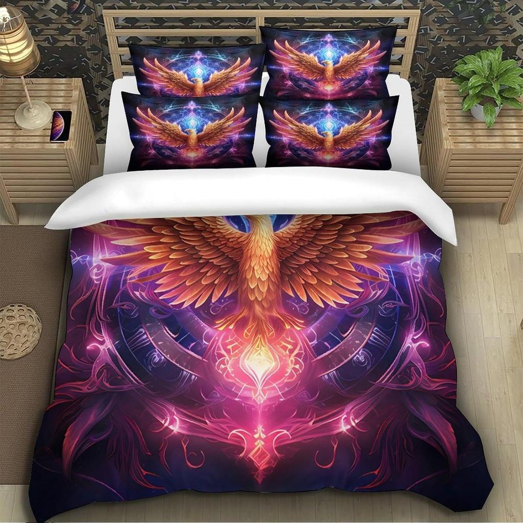 Phoenix Duvet Cover for Adult Teen,Fiery Phoenix Bedding Set with Pillow Cases,Dreamy Sky Clouds Printed Microfiber Quilt Cover