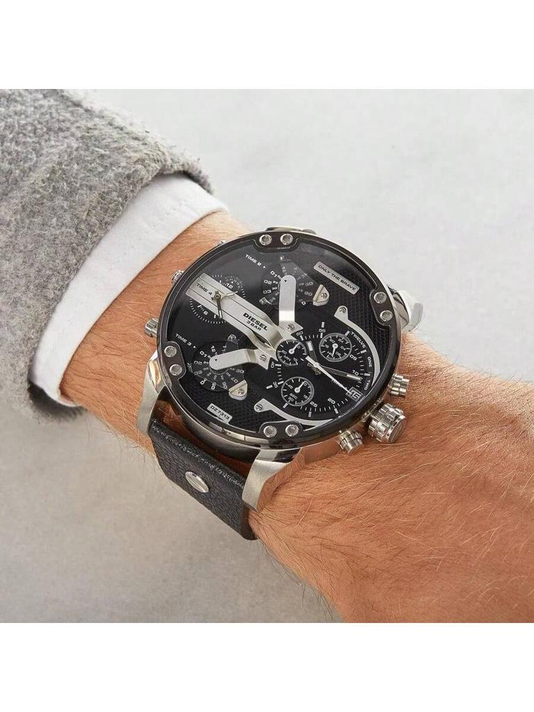 Diesel 57mm Oversized Black Multifunction Chronograph for Men – Statement Leather Strap Watch Perfect for Night Out, Travel & Street Fashion – DZ7313