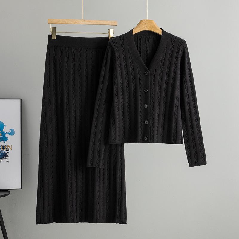 Women's Autumn/Winter Knit Cardigan & Skirt Set: Slim Fit, Hip-Hugging, Trendy Two-Piece.