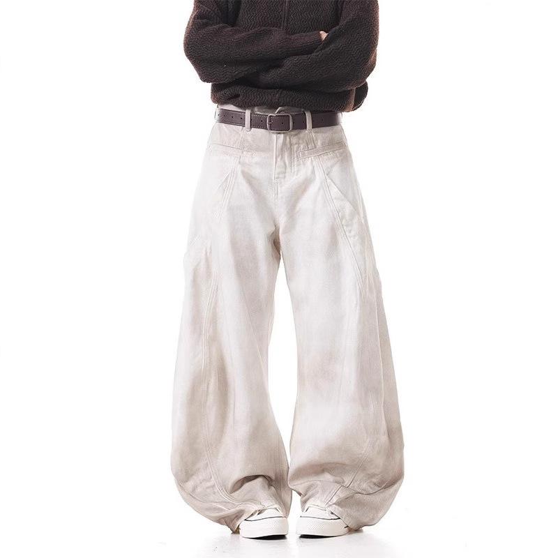 Fable Women's White Men And Loose Straight Wide-Leg Casual Floor Pants American Retro Washing Old Dirty Scimitar Jeans Cm
