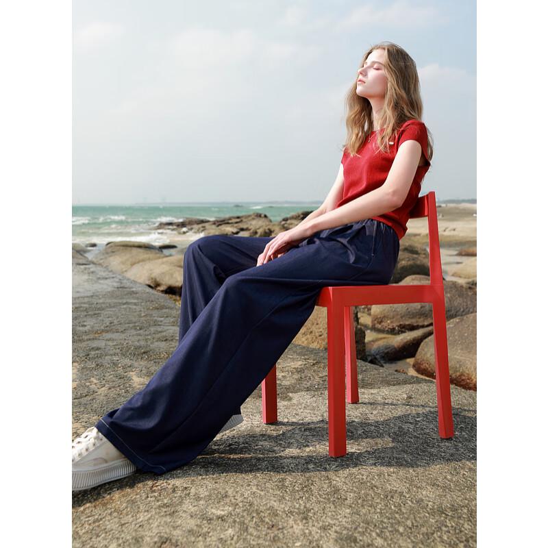 Sancai 2025 Summer Faux Denim Elastic Waist Straight-Leg Casual Pants