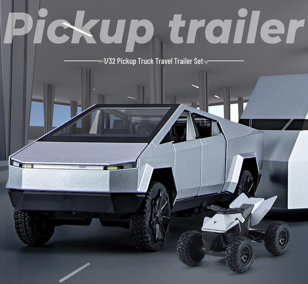 1:32 Tesla Pickup Truck Toy with Caravan: Alloy Pull-back Model with Sound, Light, and Opening Doors