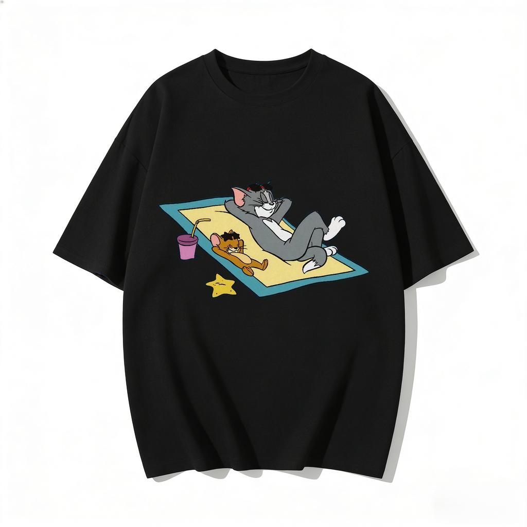 2026 New Tom Jerry Print Tshirt Casual Loose Couple Family Matching Outfits Short Sleeve Cotton Tee Summer Streetwear Tops Y2k