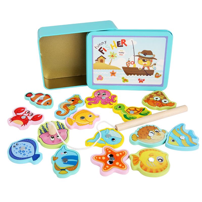 Tin Box 15-Piece Magnetic Fishing Toy for Parent-Child Interaction & Early Education