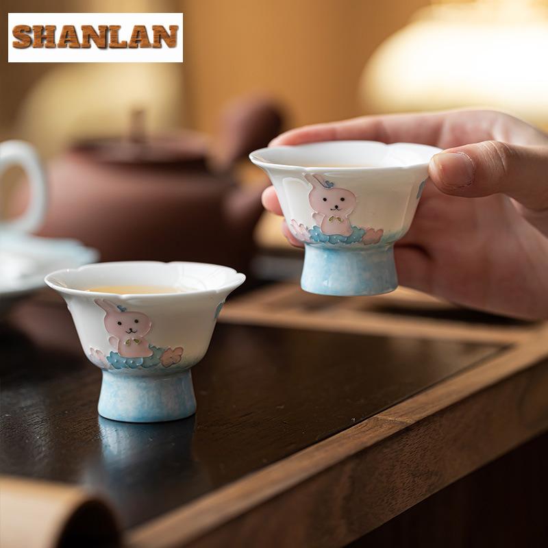 45ml Hand-painted Rabbit High Foot Teacup Traditional Tea Bowl Jug Tea-tasting Personal Cup Chazhan Master Cups Household Cha