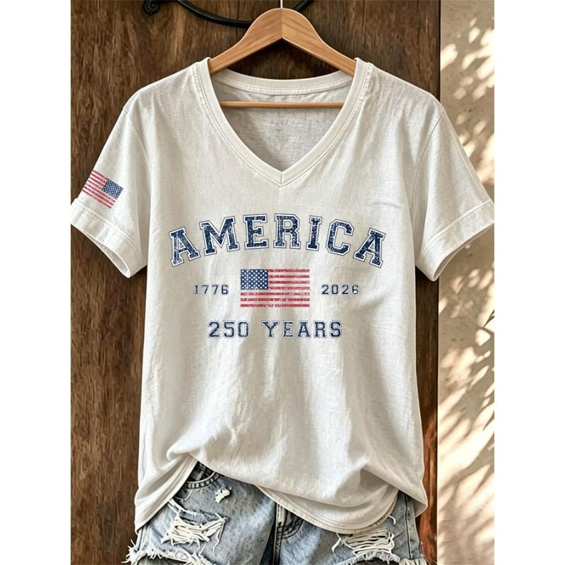 ilstile Women's America 250 Years Print T-Shirts Summer Short Sleeve Casual Loose T Shirt V Neck Tops White Tees Hot Sale