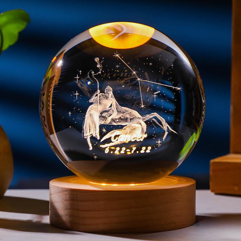 3D Constellation Crystal Ball Night Light Laser Engraved Birthday Gift Glass Sphere Home Desktop Decoration with Wooden USB Base