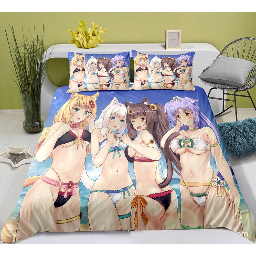 Cute Anime Cat Maid Pattern NEKOPARA 3pcs Bedding Set Game Printing Duvet Cover and Pillowcase Bedroom Decorate for Otaku Teens