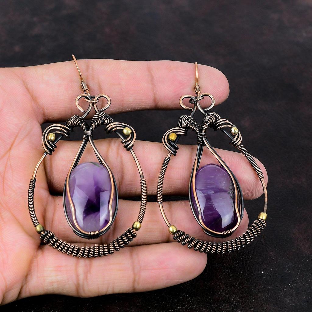 Star Amethyst Earring Copper Wire Wrapped Earring Genuine Gemstone Jewelry Handmade Earrings Very Pretty Copper Jewelry Women's Special Gift