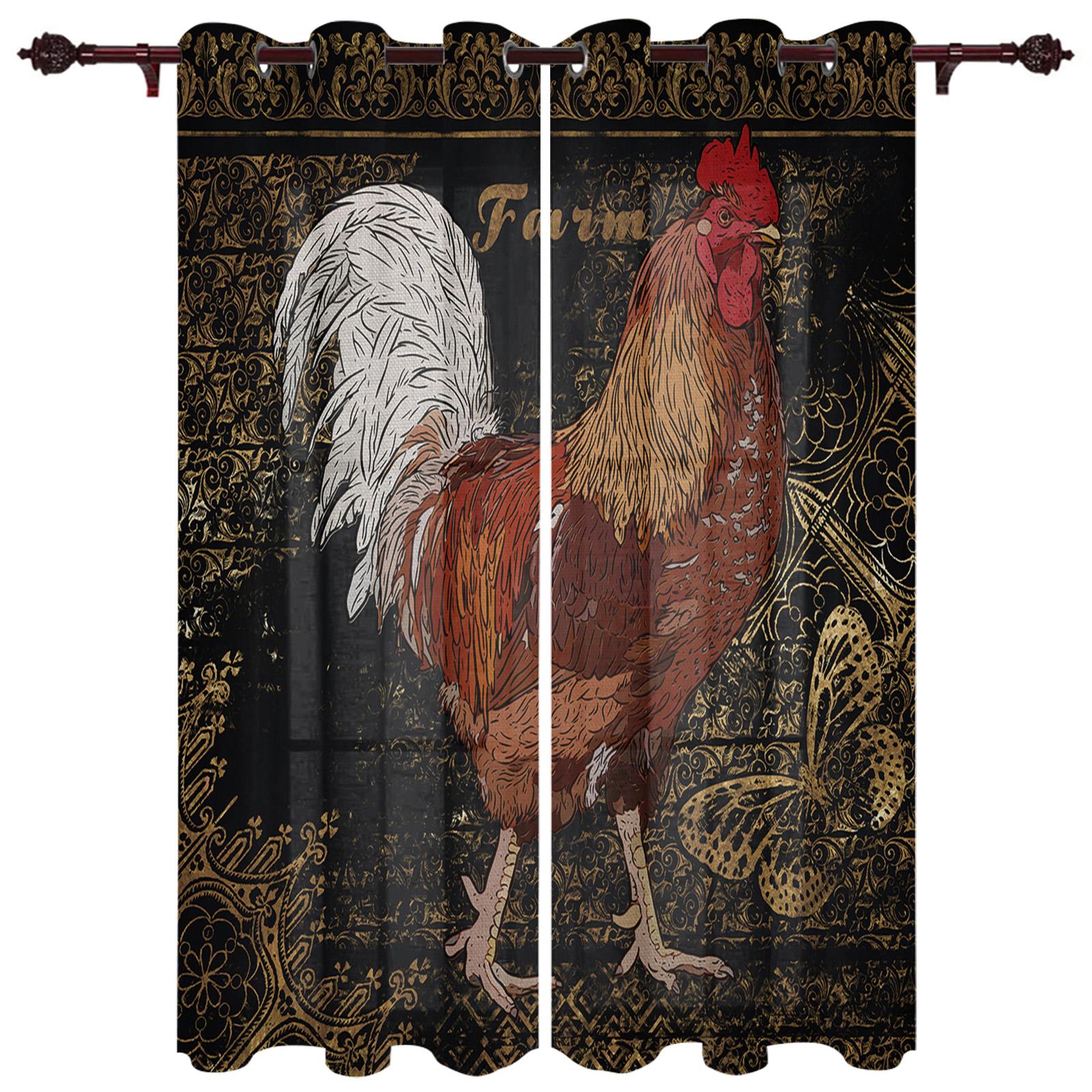 Винтажные шторы на окна с изображением подсолнечника и петуха — фото 10