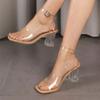 One Buckle Rhinestone Block Heel Sandals Women's Summer New Square Toe Open Toe Sheer Strap Pump Shoes