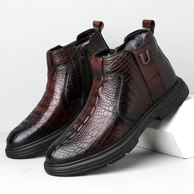 

Мужские зимние ботинки из натуральной кожи с высоким берцем из хлопка, теплая шерсть, толстые бархатные сапоги для снегоходов 42