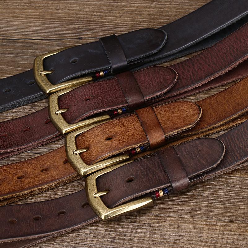 Belt Men's Thick Retro Vegetable Tanned Cow Leather Brass Buckle Belt Men's Casual Rough Fashion
