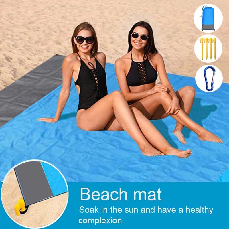 200X210Cm Large Beach Mat Anti Sand-Free Beach Towel Anti Sand Beach Blanket Pocket Picnic Wind Prevent 4 Anchor Sand Proof Mat