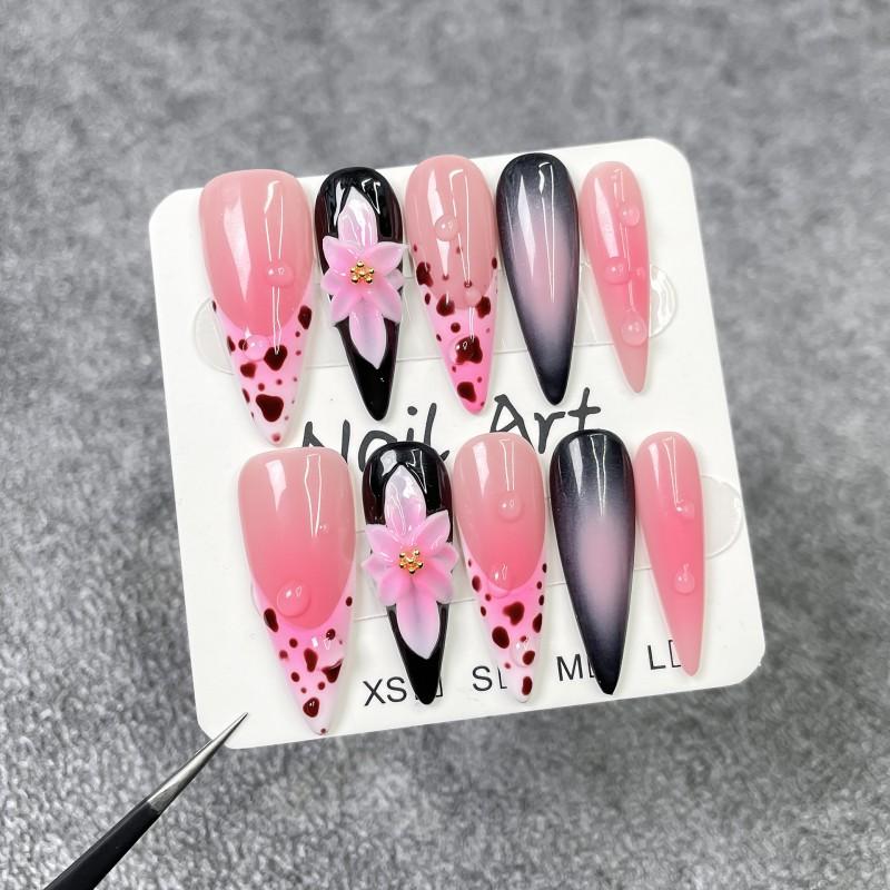 Long Stiletto Press-On Nails With Gradient Blush Effect 3D Floral Leopard Dot Embossed Design Sweet Edgy Style Small