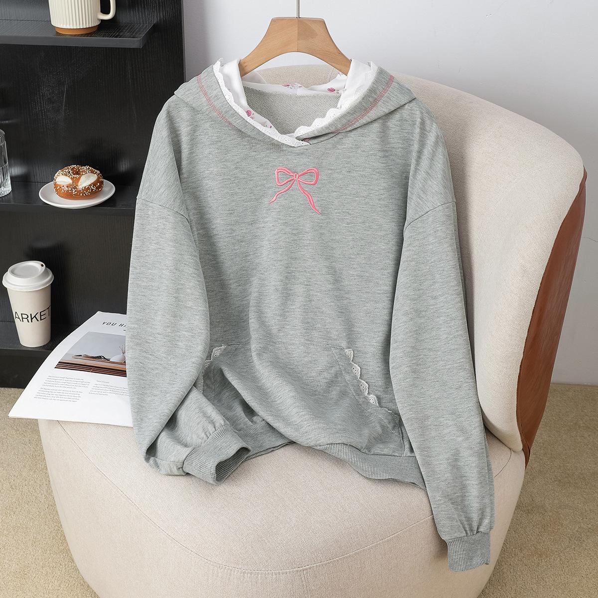 

Hoodies For Teen Girls Bow Embroidered Hooded Sweatshirt Womens Cute Lace Trim Long Sleeve Loose Fit Preppy Tops XL