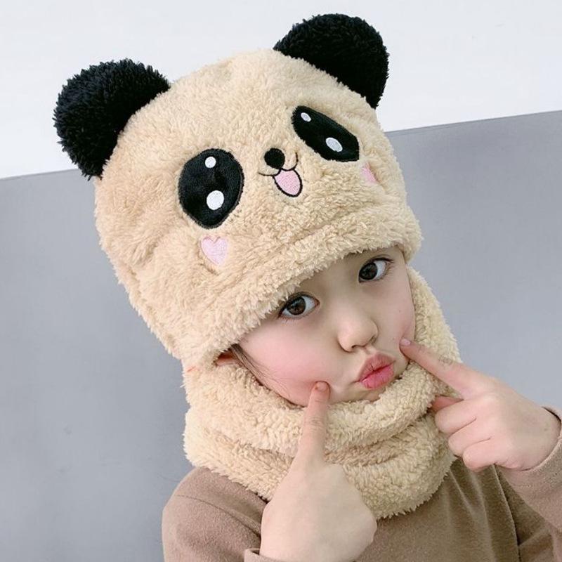 Children's Panda Embroidered Scarf Hat Integrated Plush Hat Baby Ear Protection Hat Boys and Girls Outdoor Warm Parent-child Hat