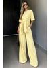 New Summer/Fall Collection Solid-Color Round-Neck Short-Sleeve Loose-Fit Wide-Leg Pants Slimming Tie-Waist Set
