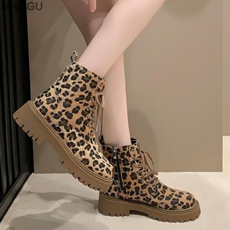 Shoes for Women Fashion Lace-up Women's Boots Spring Autumn Round Toe Leopard Botines Size 35-40 Botas De Mujer