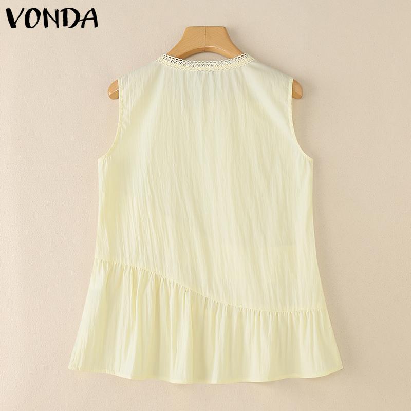 VONDA Women Sleeveless Crochet Tank Tops Casual Ruffled Patchwork Lace Hem Tops