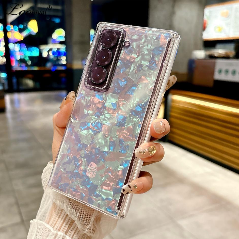 Custodia Rigida di Lusso con Motivo a Conchiglia Aurora per Samsung Galaxy Z Fold 7 6 5 4 fold7 zfold Fold6 Cover Posteriore Colorata in Acrilico Antiurto