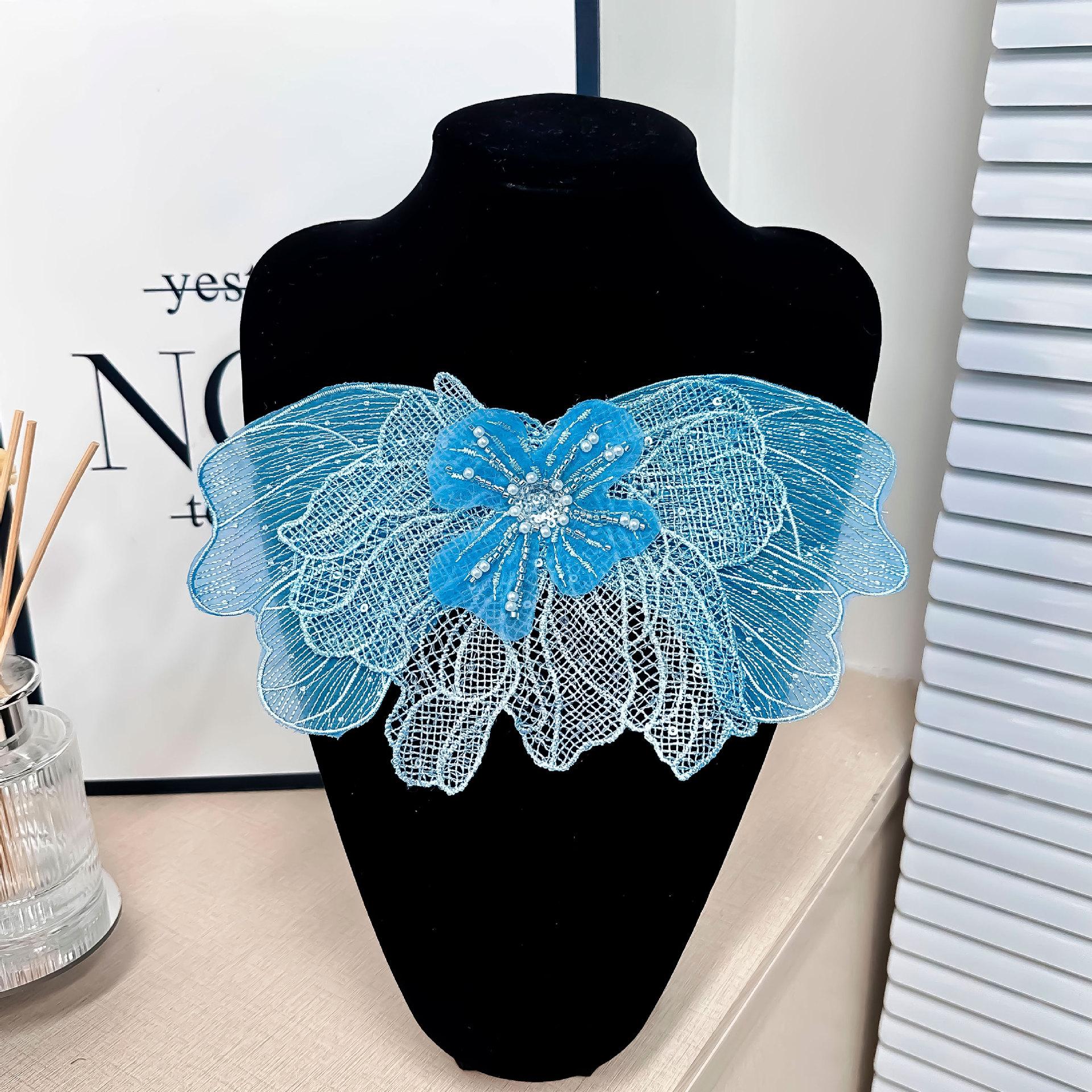 

Кружевная сетка, плоская вышивка бисером, наклейка, украшение для штор, наклейка из ткани с цветами, яркий бриллиант, жемчужный бант. H8046 one blue