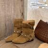 Leather Suede Niche Rivets Thick Heel Flat Bottom Pointed Western Cowboy Boots Short Boots Women's Autumn and Winter New Martin Boots