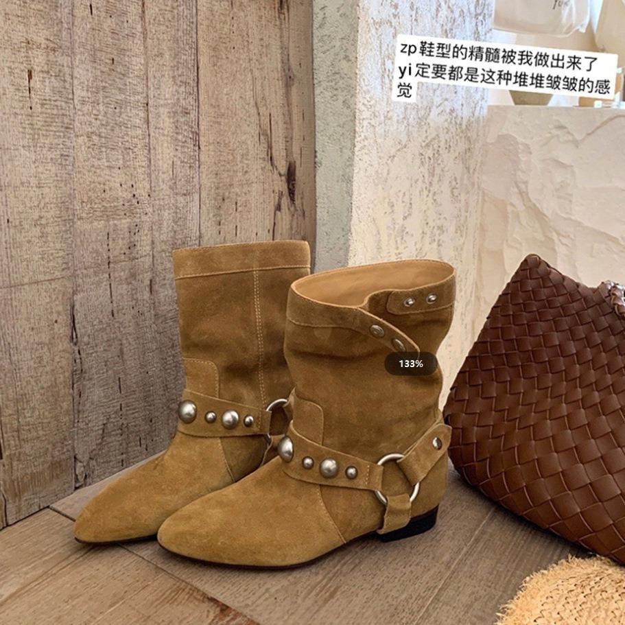 Leather Suede Niche Rivets Thick Heel Flat Bottom Pointed Western Cowboy Boots Short Boots Women's Autumn and Winter New Martin Boots