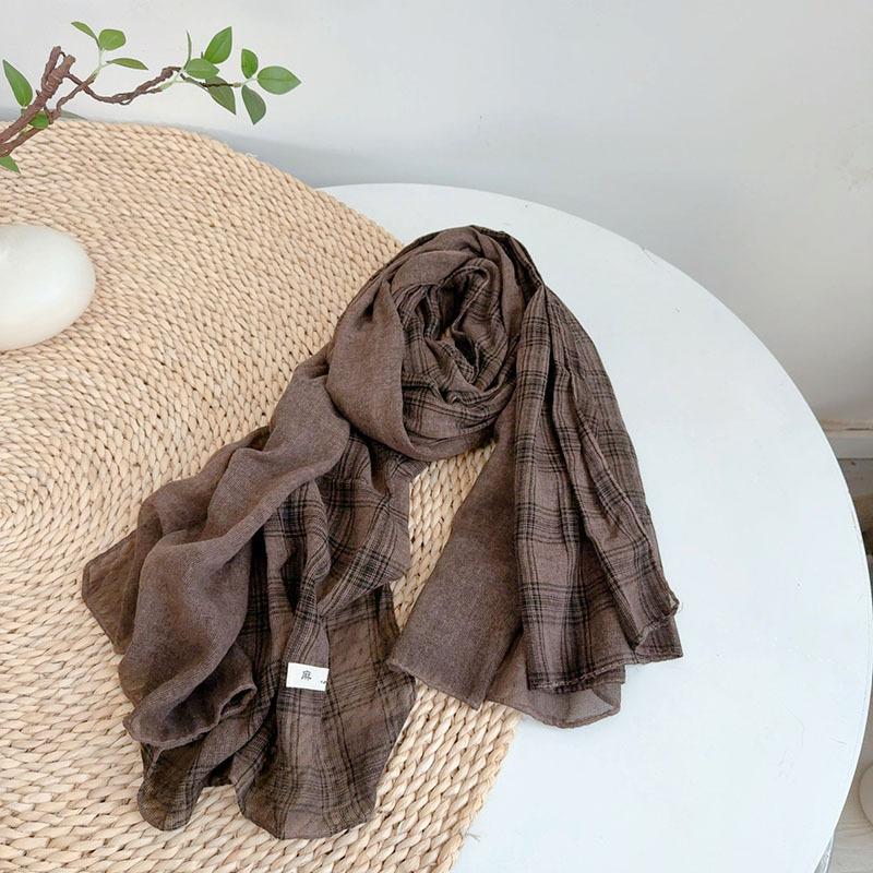 Johnature Cachecol Japonês Feminino Patchwork Vintage Cor de Destaque Elegante Quente Plissado Outono Inverno Cachecol Xale