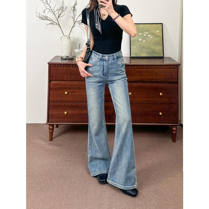 Womens High-Waist Stretch Denim Flare Pants Slim Fit Korean Style 2026 Cotton Blend
