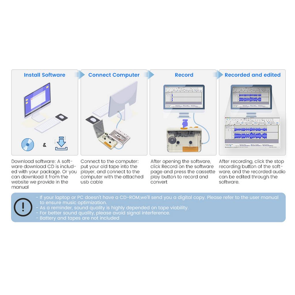 Cassette Tape Player Recorder Portable USB Cassette to MP3 Converter with Headphone White