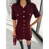 Elegant Knit Mini Dress Women Street Slim High Waist Short Sleeve Rib Sweater Dresses Vacation Bodycon Knitwear Dress